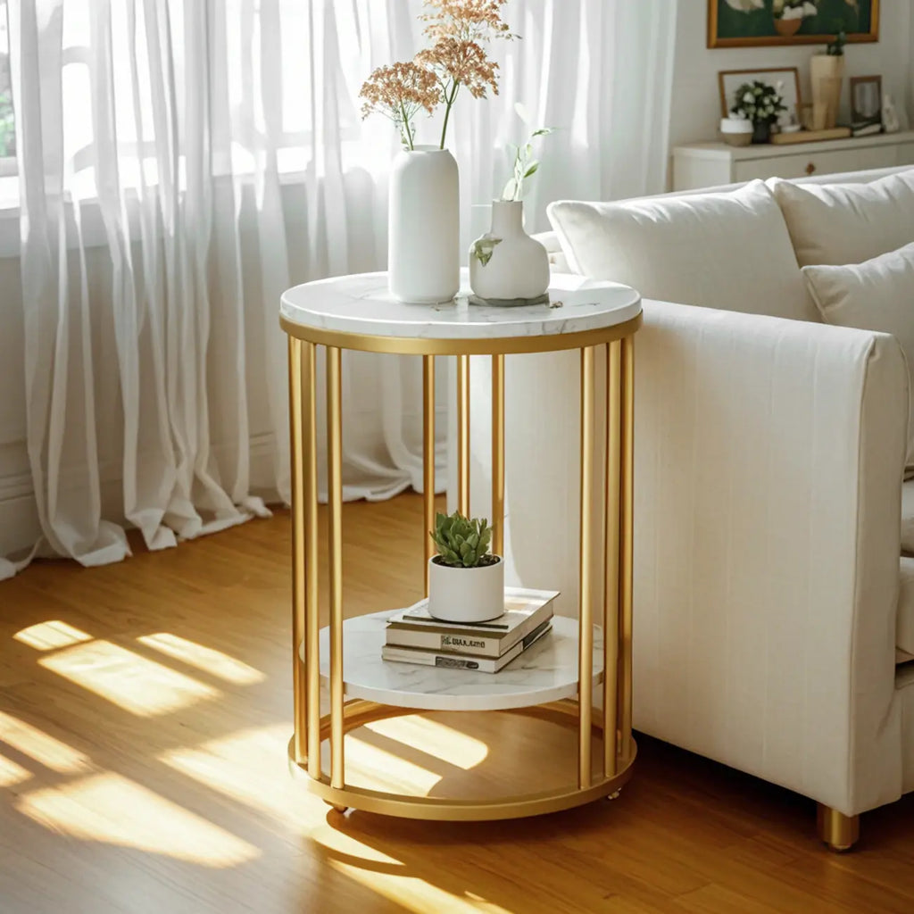 Modern Gold Metal Round 2 Tiers Side Table for Living Room