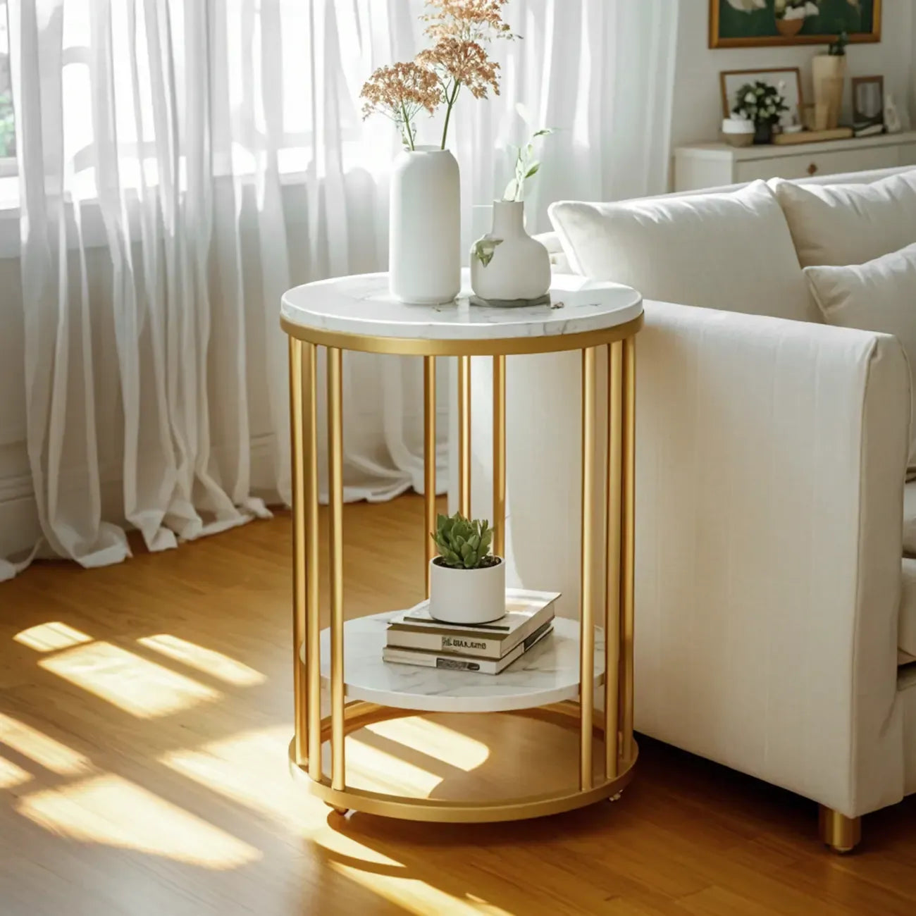 Modern Gold Metal Round 2 Tiers Side Table for Living Room