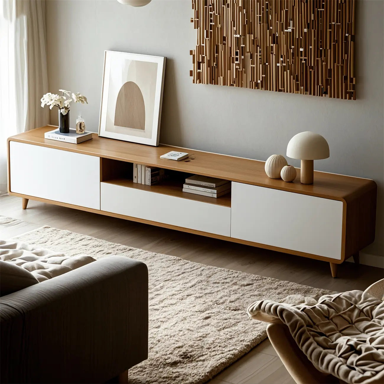 87 Natural White Wood Open Storage TV Stand with Drawers