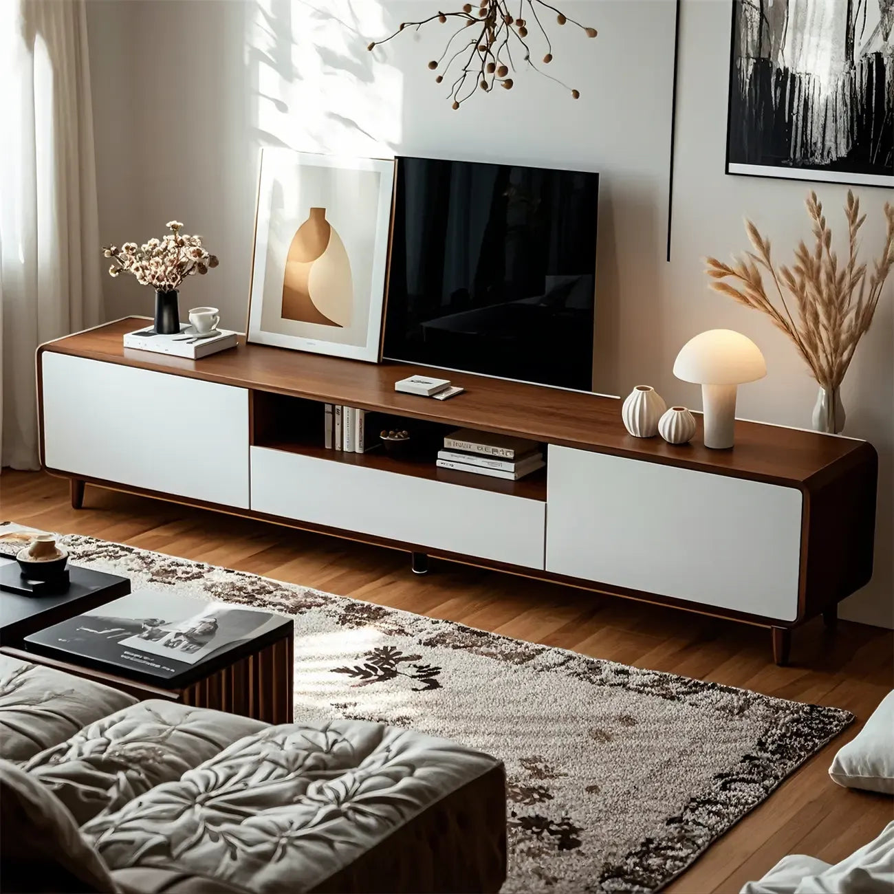 87 Natural White Wood Open Storage TV Stand with Drawers