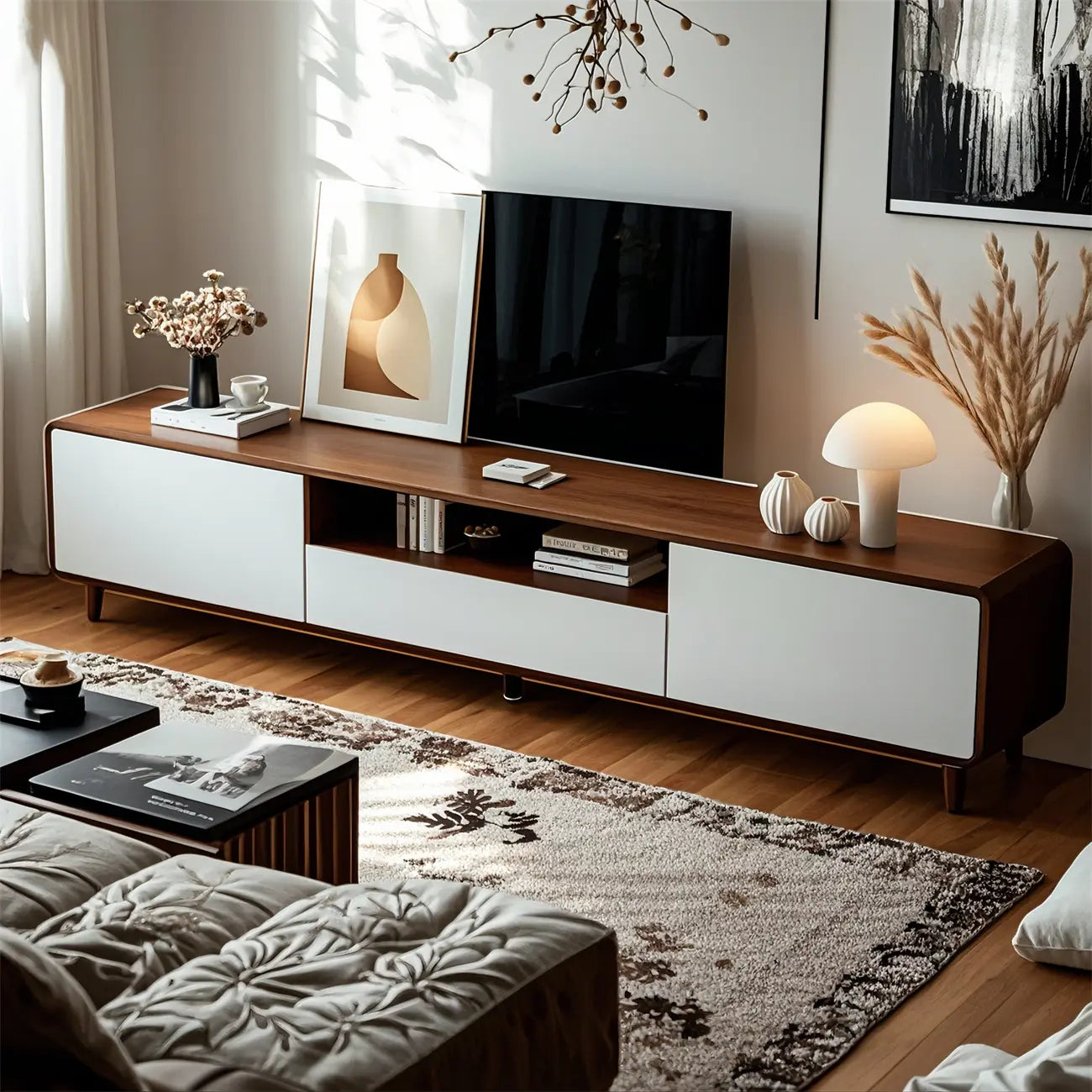 87 Natural White Wood Open Storage TV Stand with Drawers