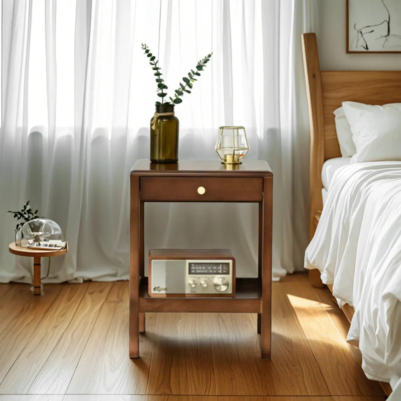 Retro Wooden Brown Side Table with Drawer for Bedroom