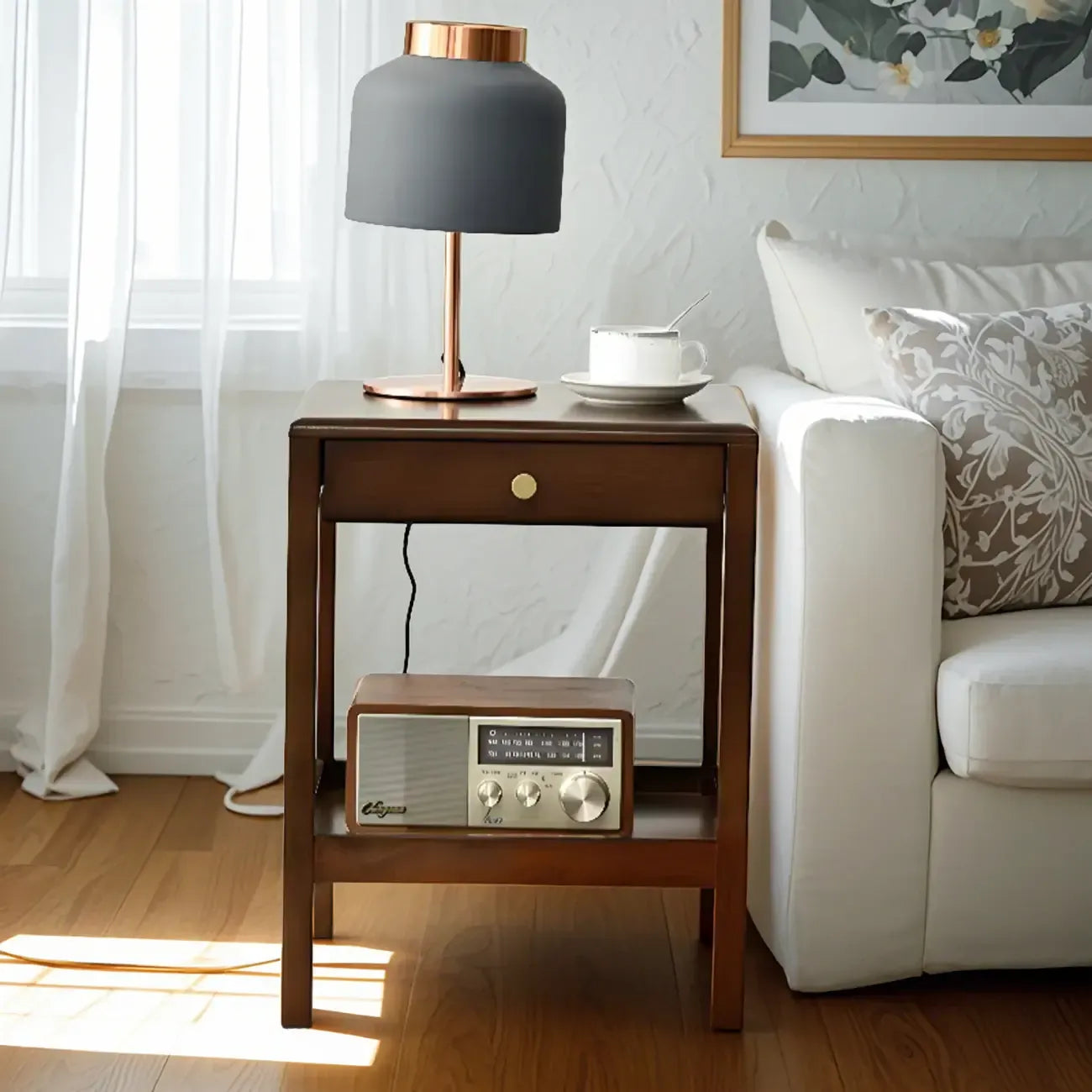 Retro Wooden Brown Side Table with Drawer for Bedroom