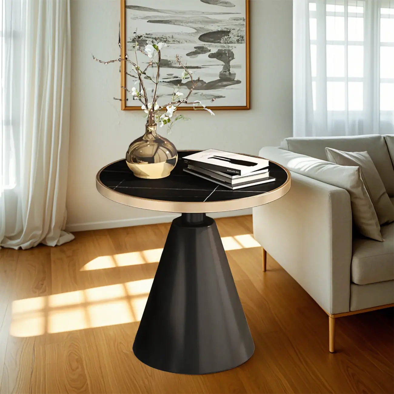 Modern Glam Round Marble Side Table for Living Room