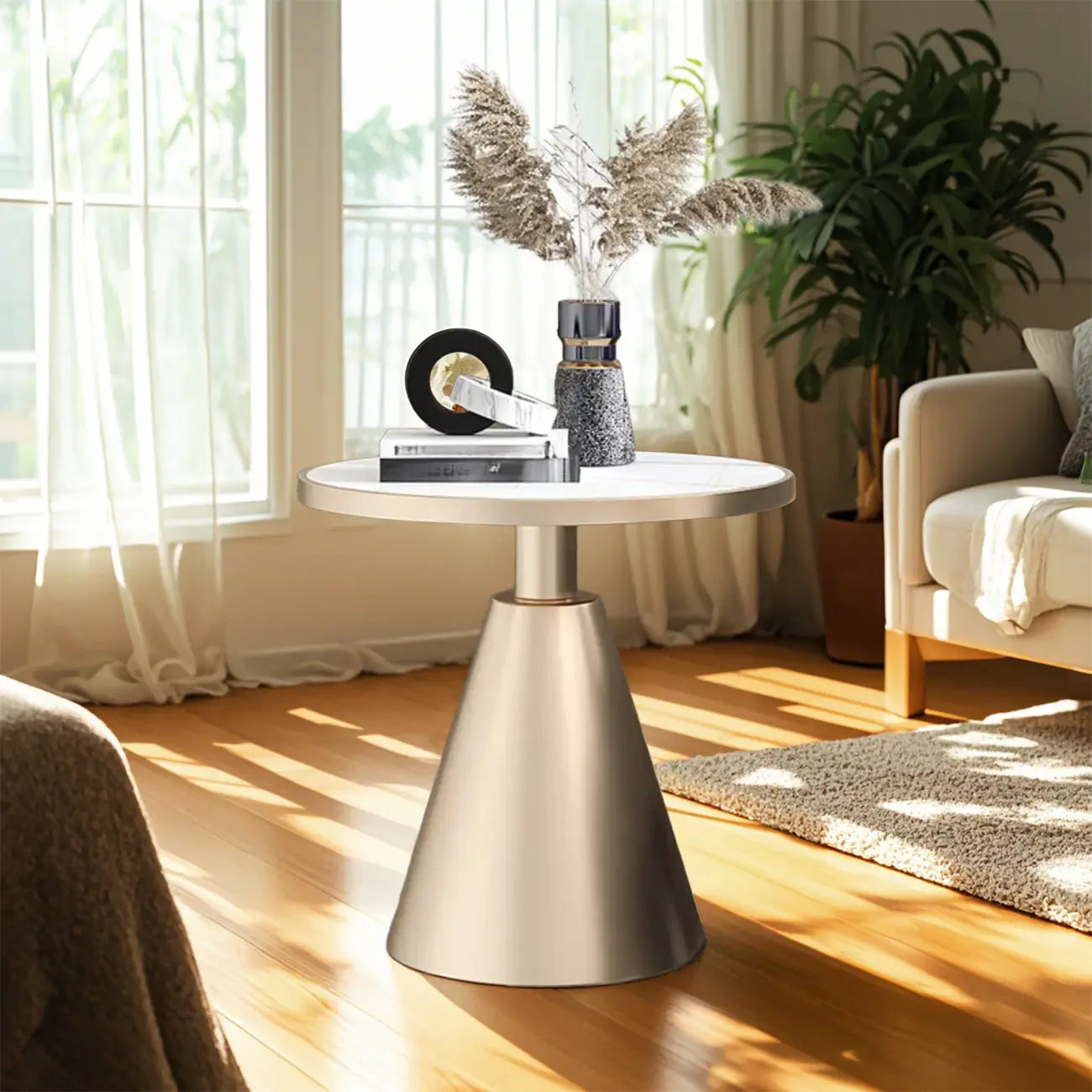Modern Glam Round Marble Side Table for Living Room