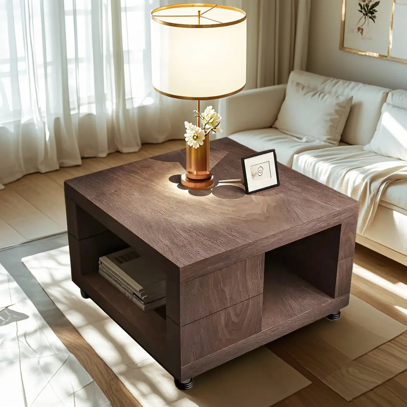 Modern Walnut Wood End Table with Storage for Living Room