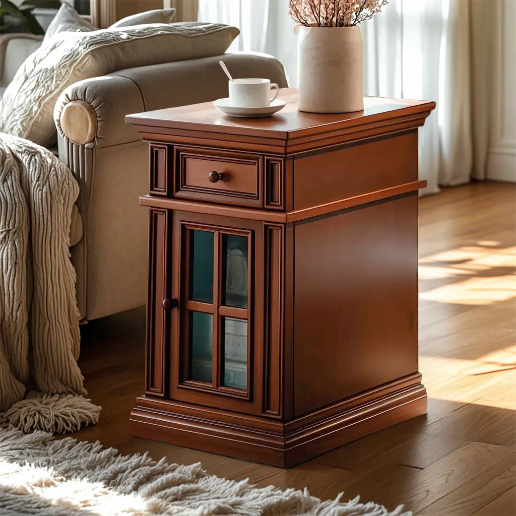 Brown Solid Wood End Table with Storage for Living Room