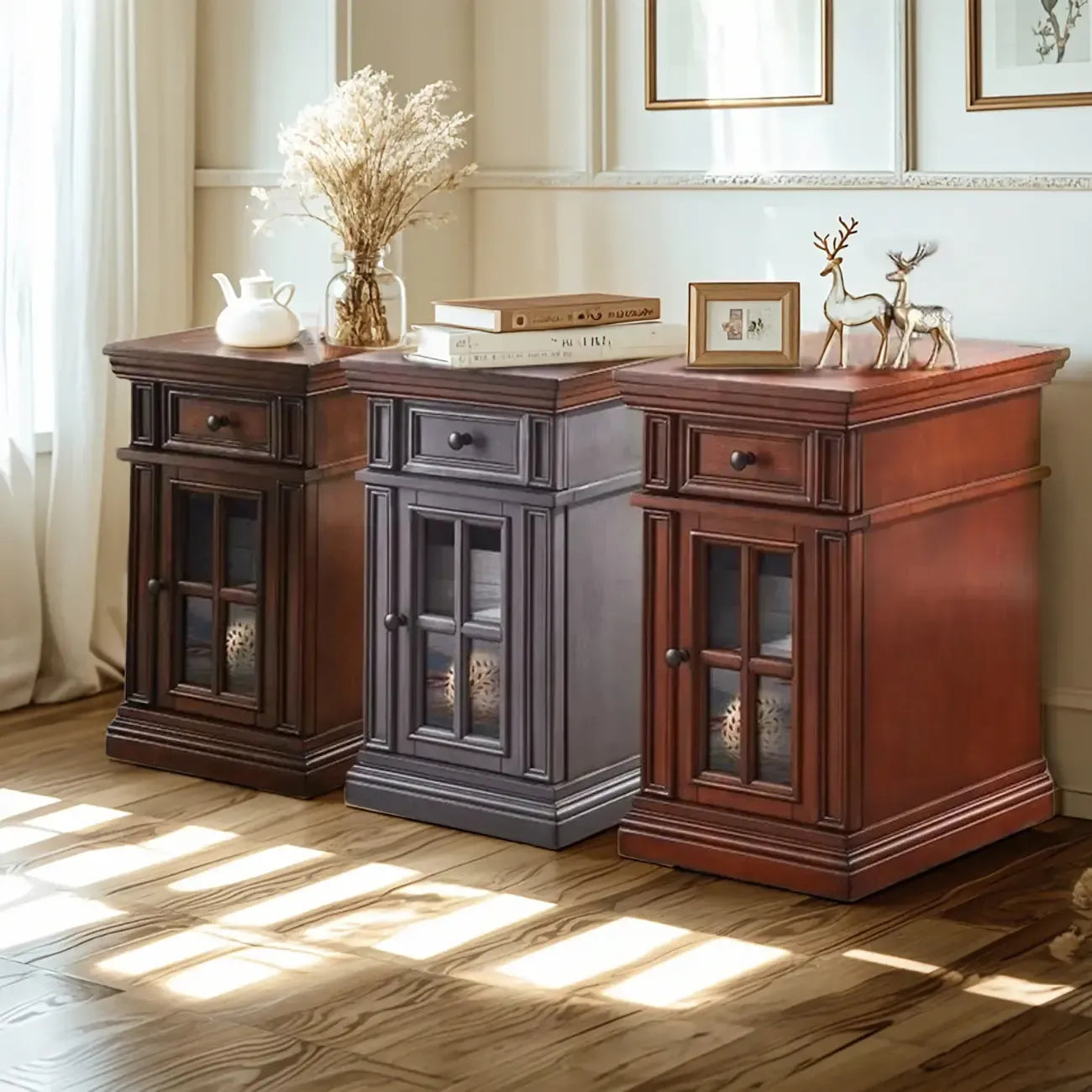 Brown Solid Wood End Table with Storage for Living Room
