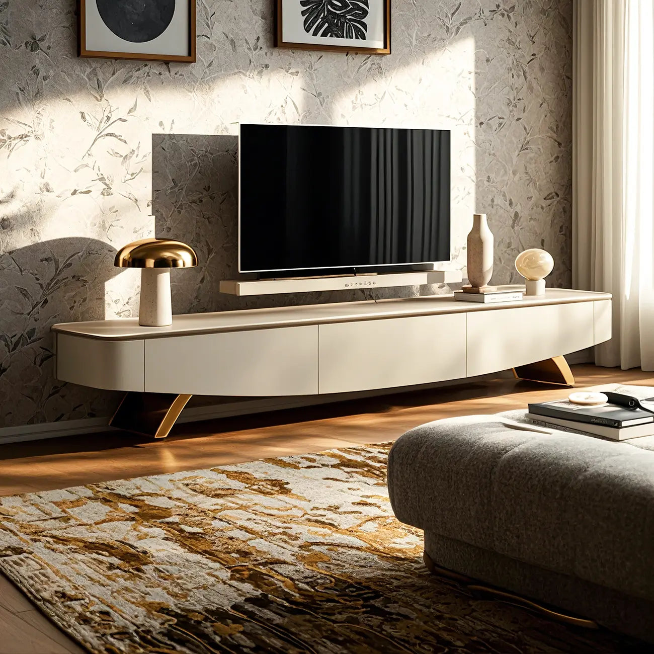 87 Modern Stone Champagne Curved TV Stand with Drawers