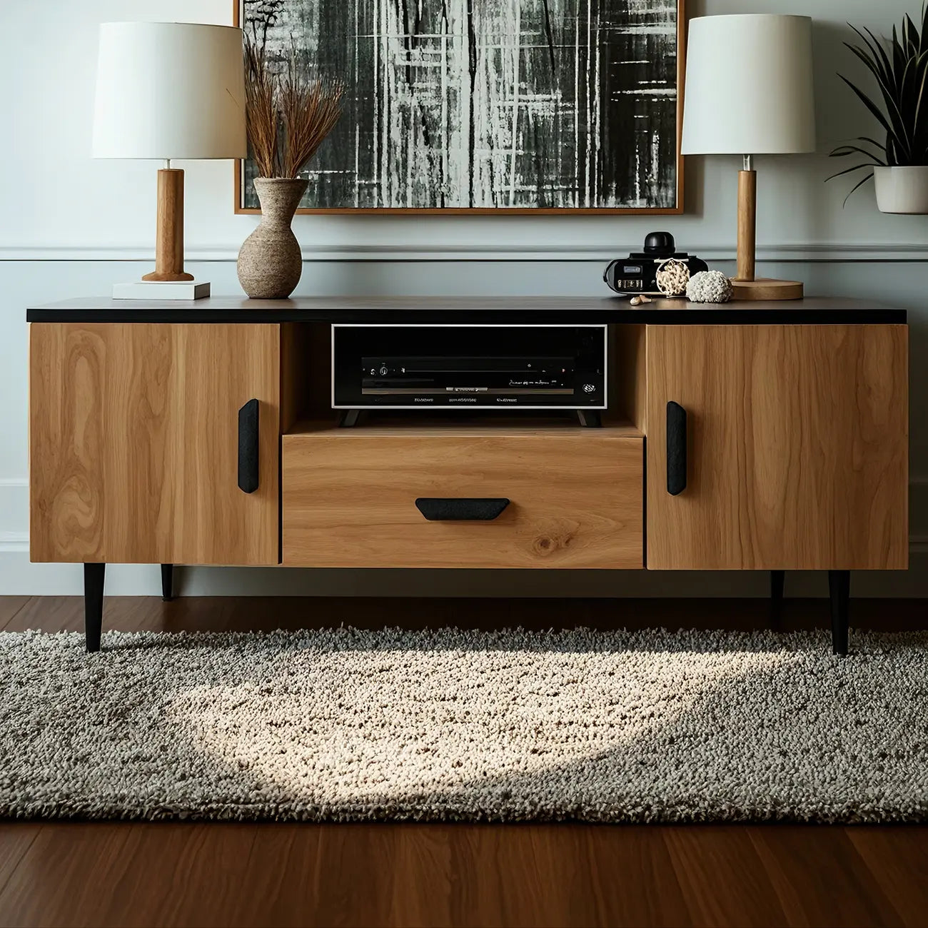 Brown Wood Media Shelf Cabinet TV Stand with Metal Legs