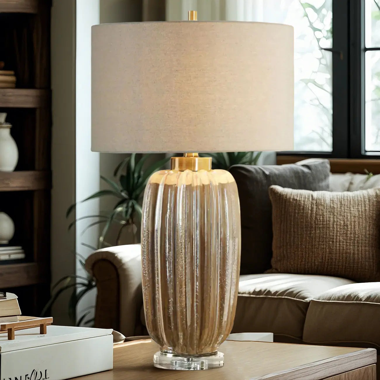 Brown Ceramic Geometric Table Lamp for Living Room