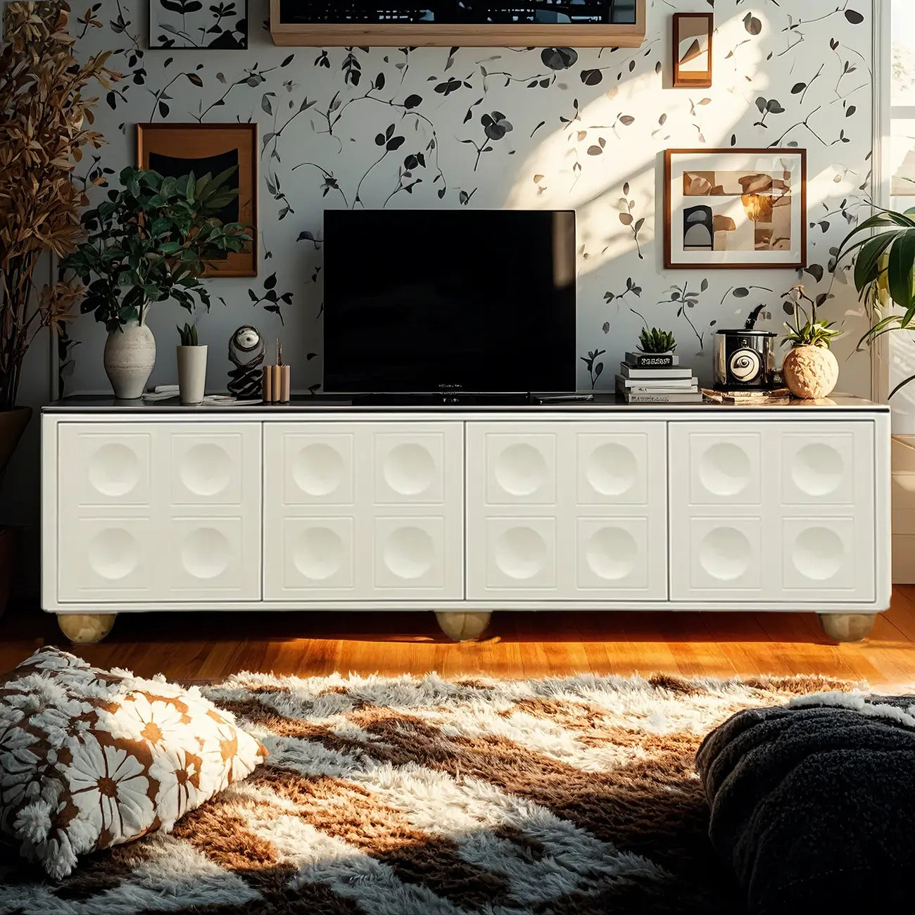 79 Black Long Stone Geometric Cabinet Doors TV Stand