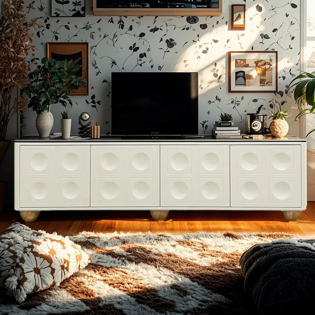 79 Black Long Stone Geometric Cabinet Doors TV Stand