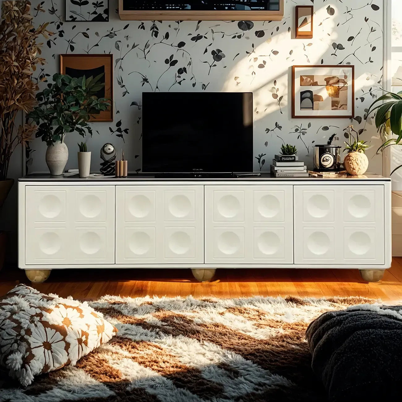 79 Black Long Stone Geometric Cabinet Doors TV Stand