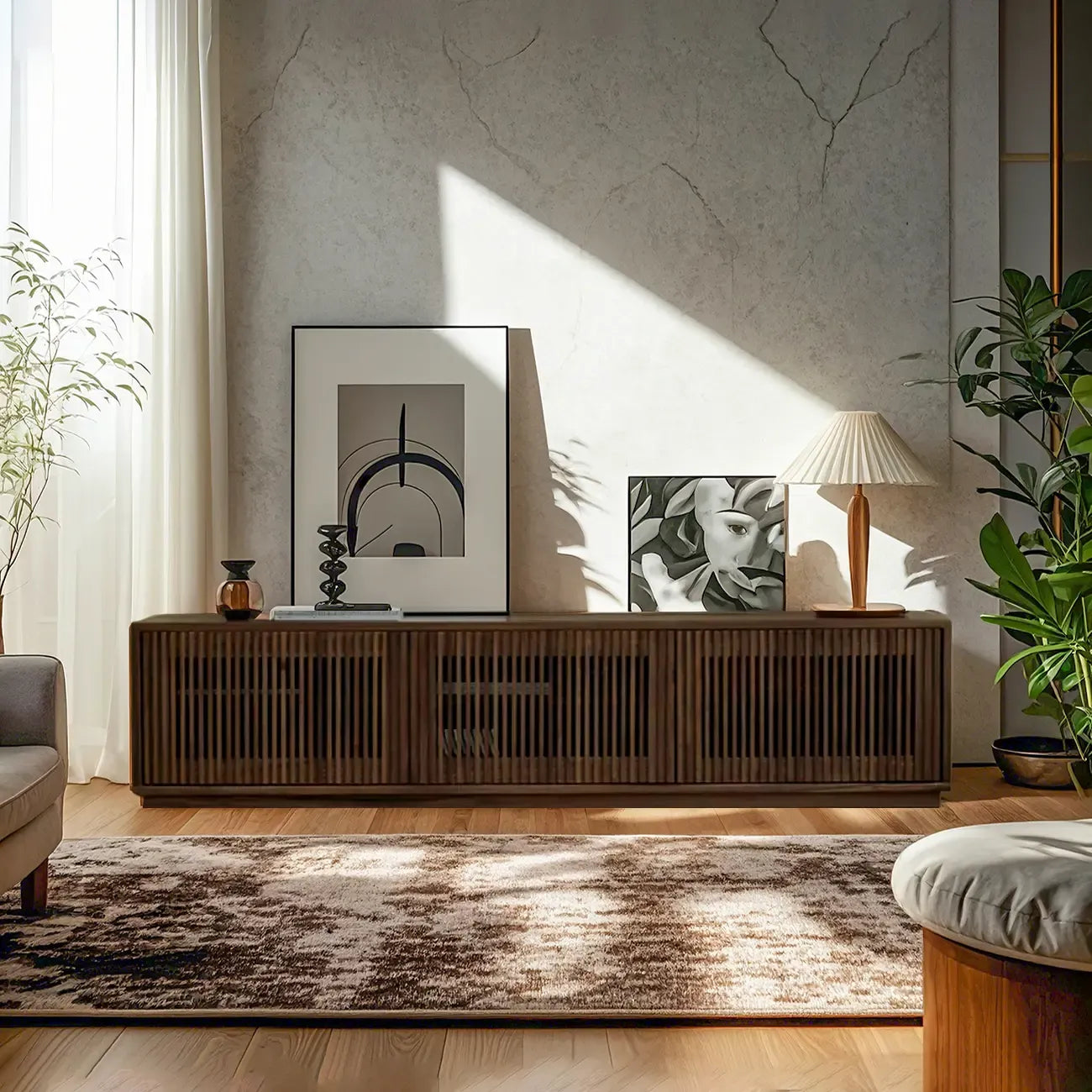 Contemporary Rectangle Brown Fluted Wood Cabinet TV Stand