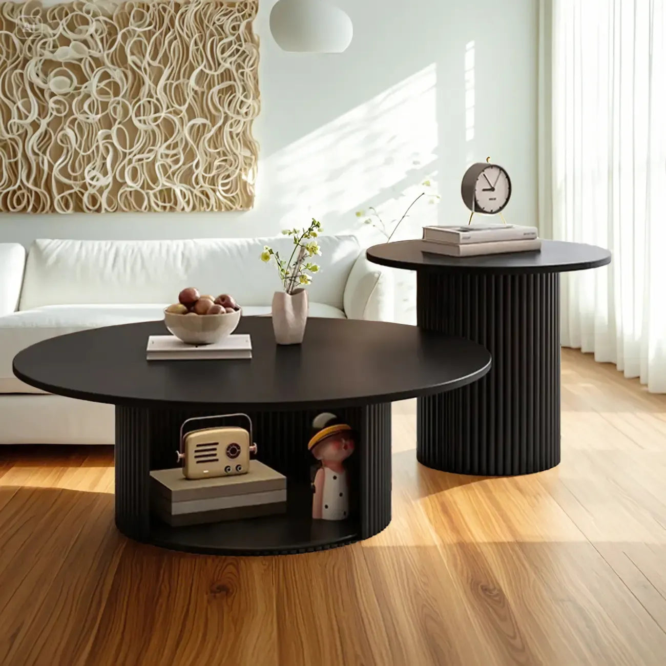 Modern Black Wooden Round Coffee Table Set for Indoor Use