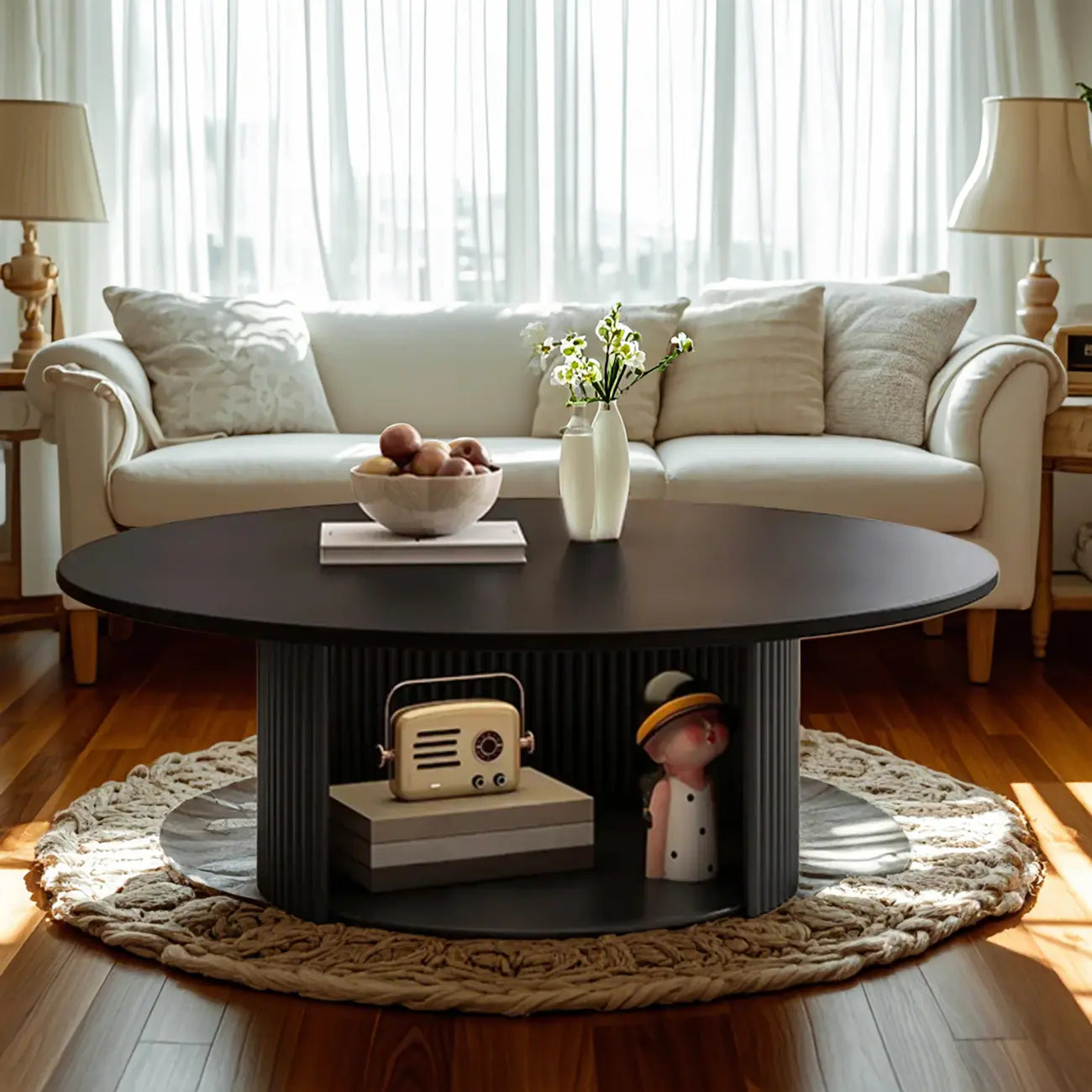 Modern Black Wooden Round Coffee Table Set for Indoor Use