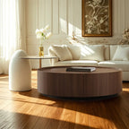 Brown Nesting Tray Wooden Round Coffee Table with 2 Drawers