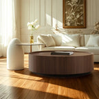 Brown Nesting Tray Wooden Round Coffee Table with 2 Drawers