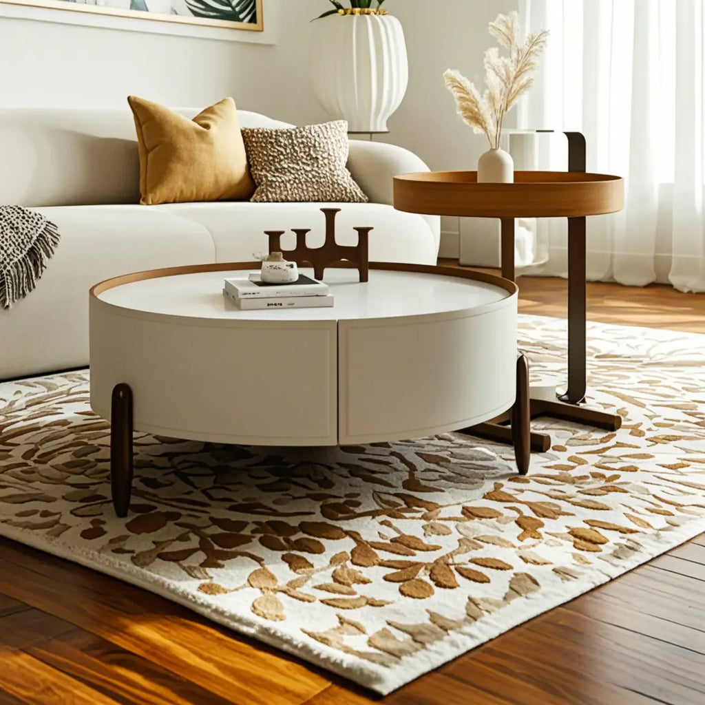Modern Round Beige Coffee Table with Storage for Living Room