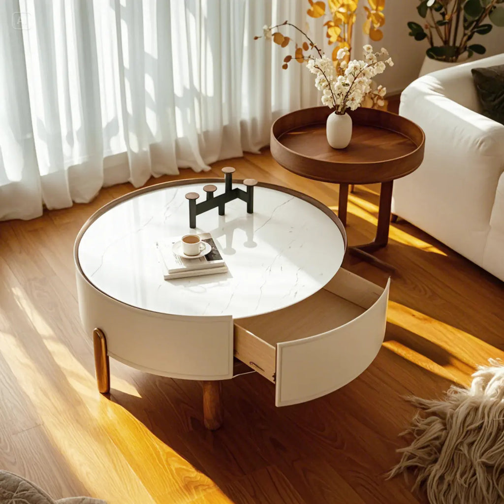 Modern Round Beige Coffee Table with Storage for Living Room