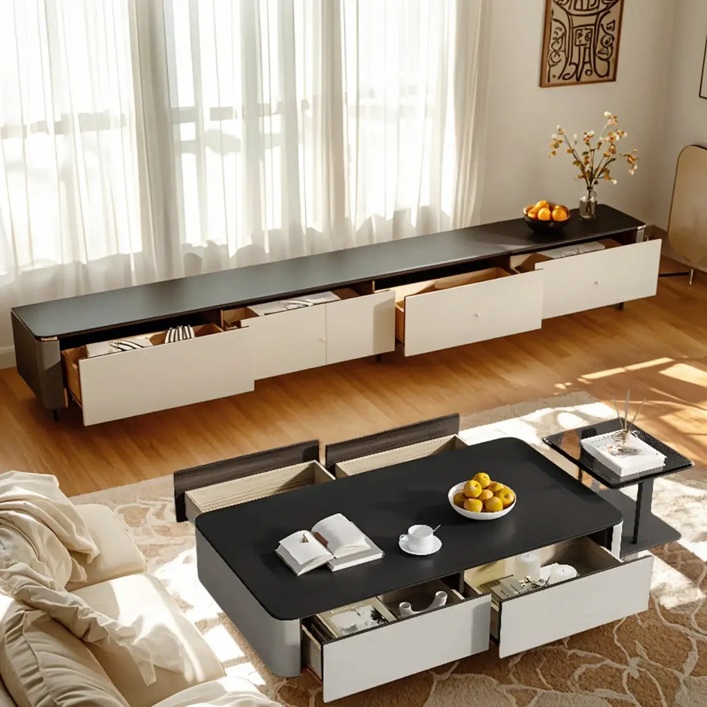 Modern Black Square Coffee Table with Drawers for Living Room