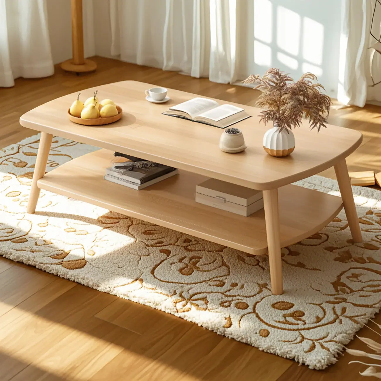 2-Tier Scandinavian Wooden Coffee Table with Storage Design