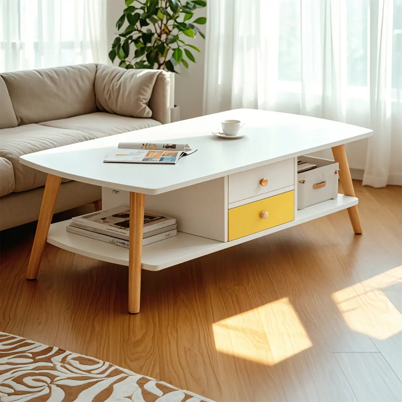 2-Tier Scandinavian Wooden Coffee Table with Storage Design