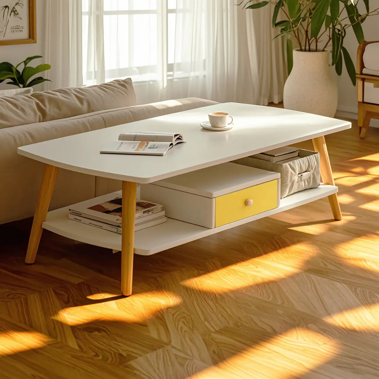 2-Tier Scandinavian Wooden Coffee Table with Storage Design