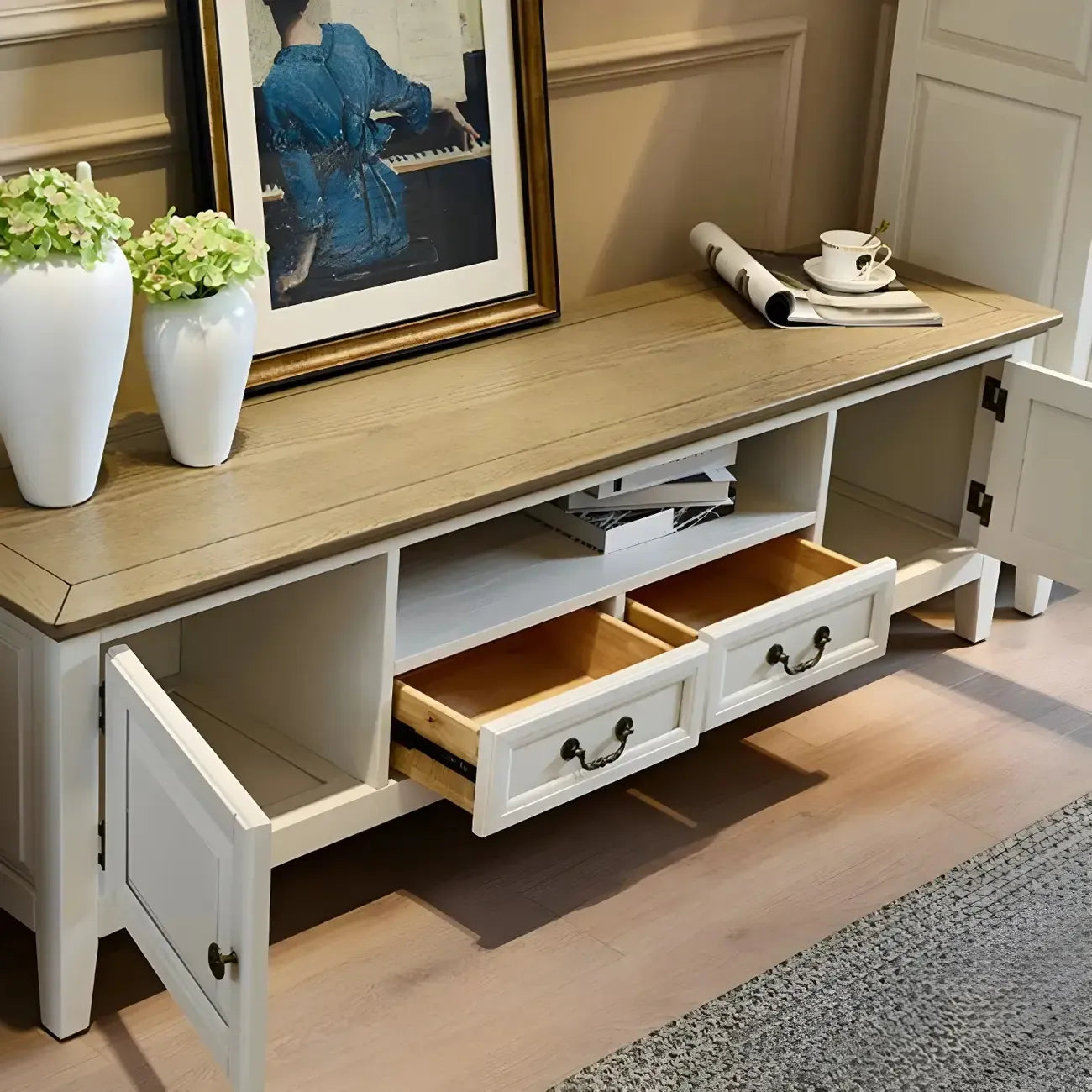 71 Coastal Wood Brown Cabinet Doors TV Stand with Legs