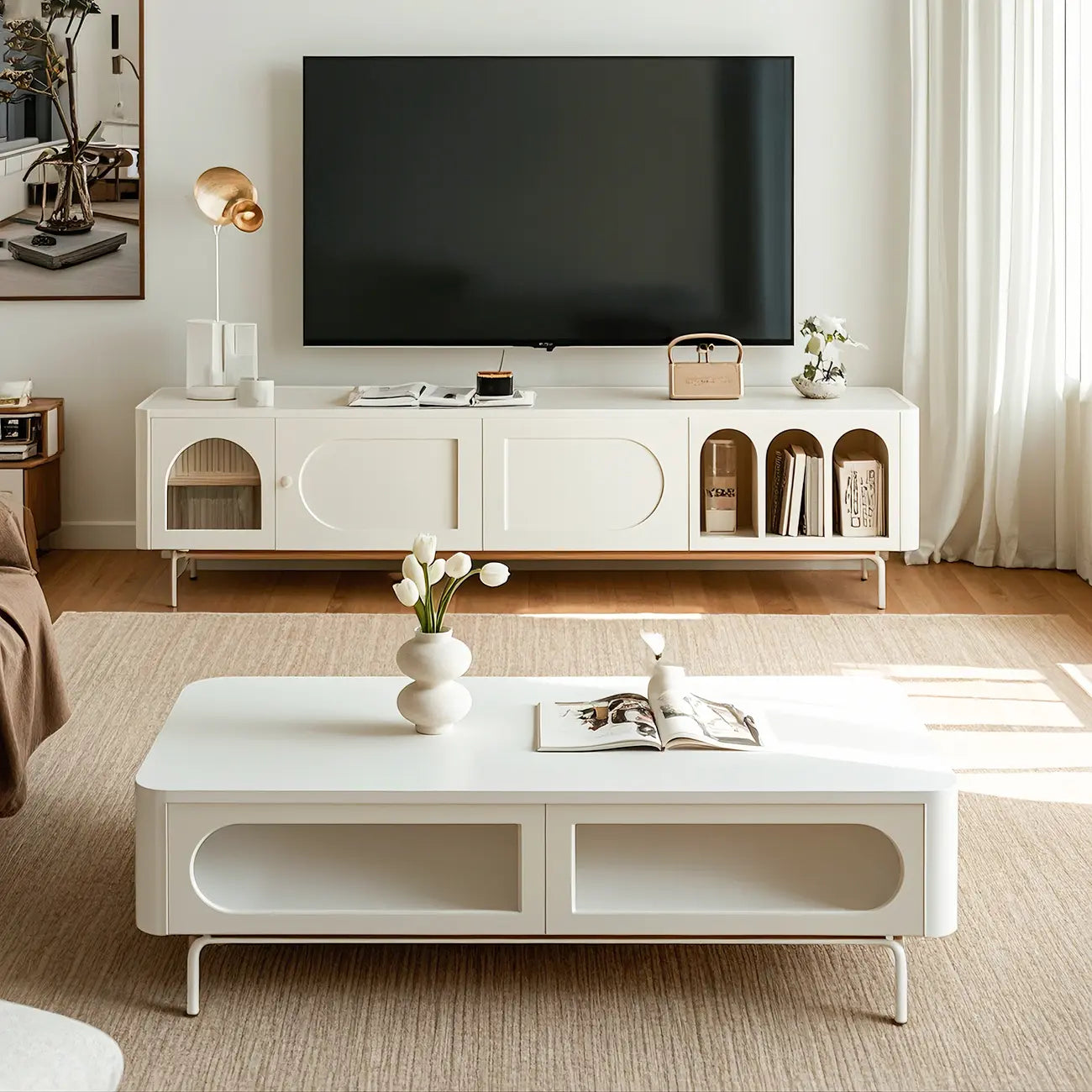 94.5 White Wood Arched Display Niches TV Stand with Cabinets