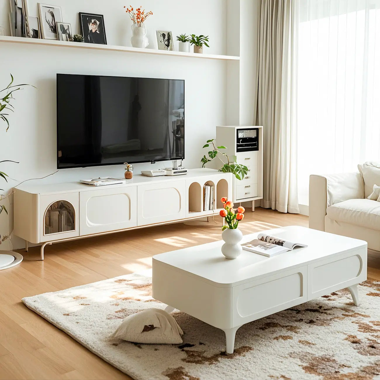 94.5 White Wood Arched Display Niches TV Stand with Cabinets