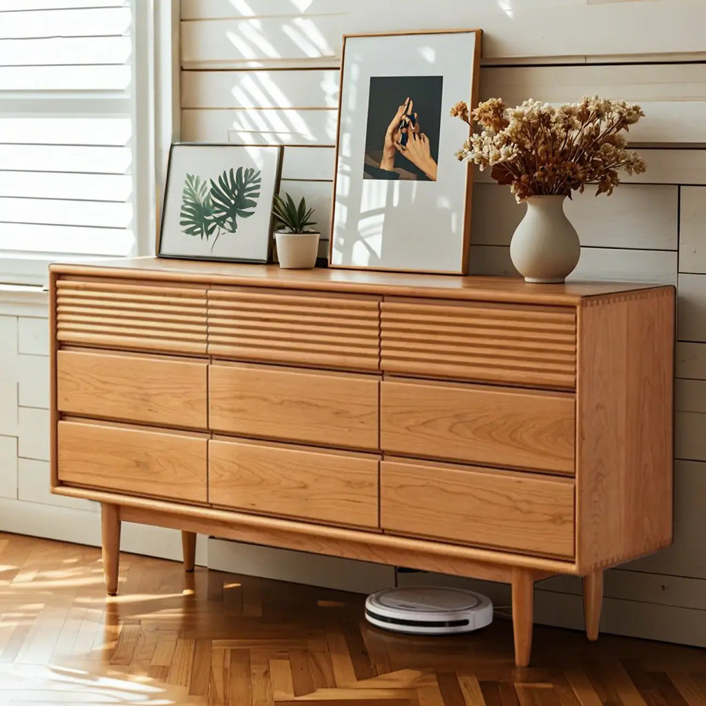 63 L Horizontal Wooden Brown Triple Dresser with 9 Drawers