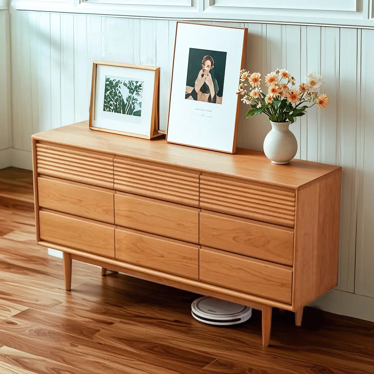 63 L Horizontal Wooden Brown Triple Dresser with 9 Drawers