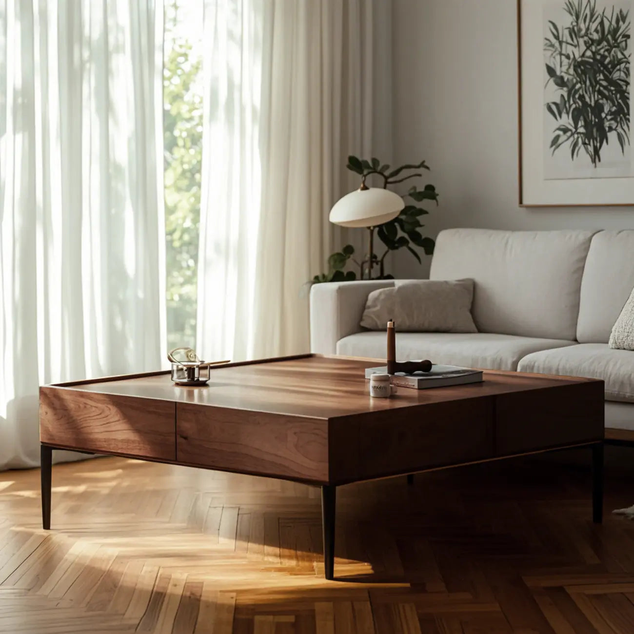 Rustic Wooden Square Coffee Table with Storage & Tray Top