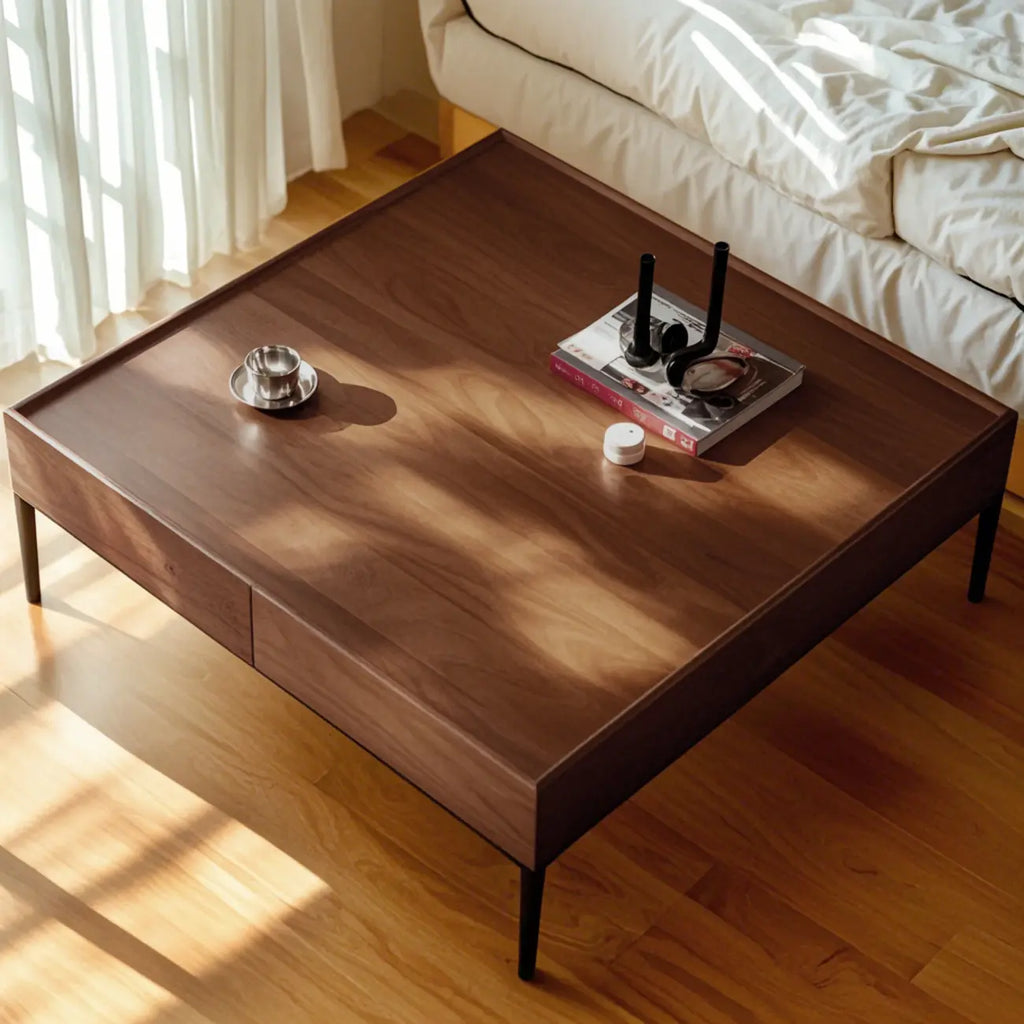 Rustic Wooden Square Coffee Table with Storage & Tray Top
