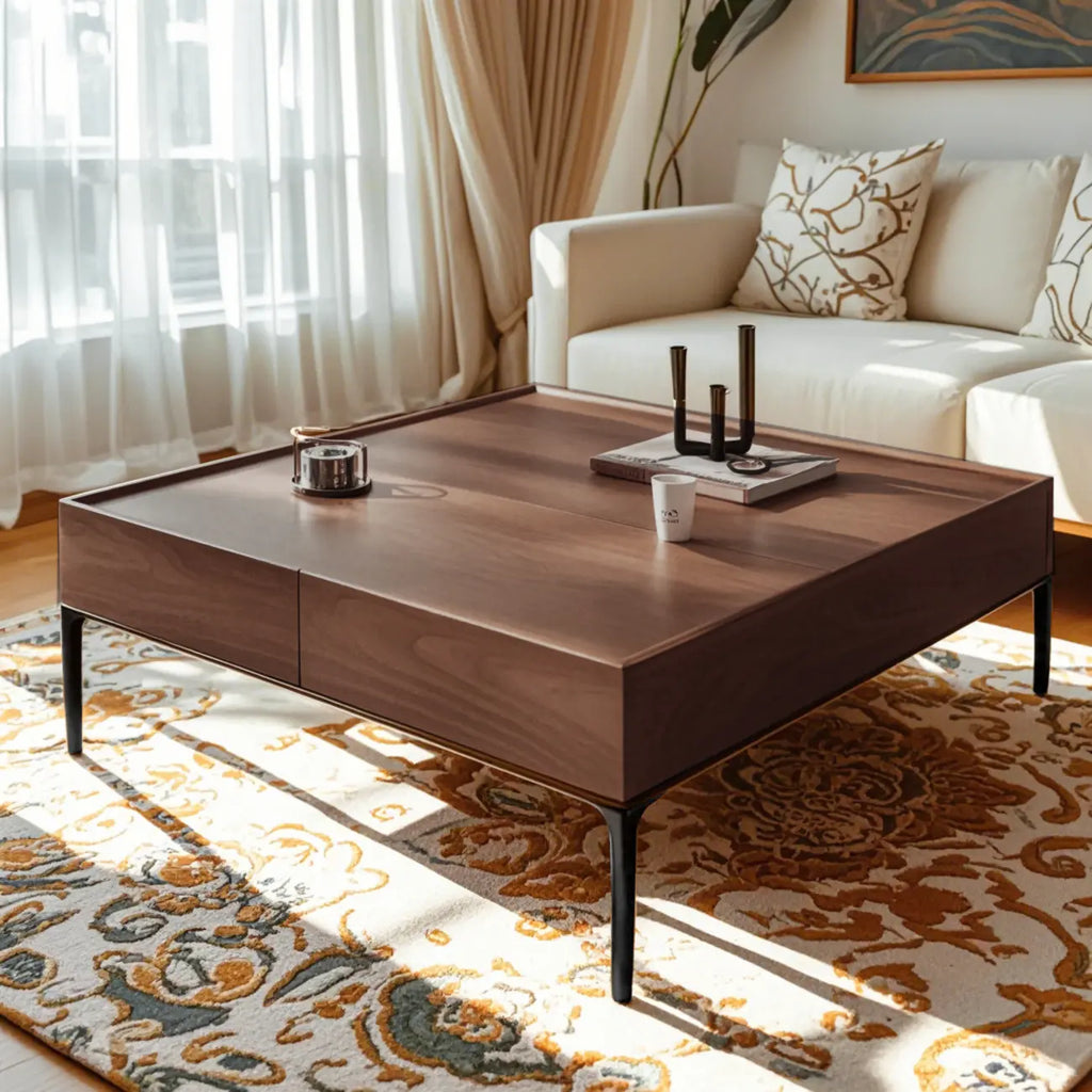 Rustic Wooden Square Coffee Table with Storage & Tray Top