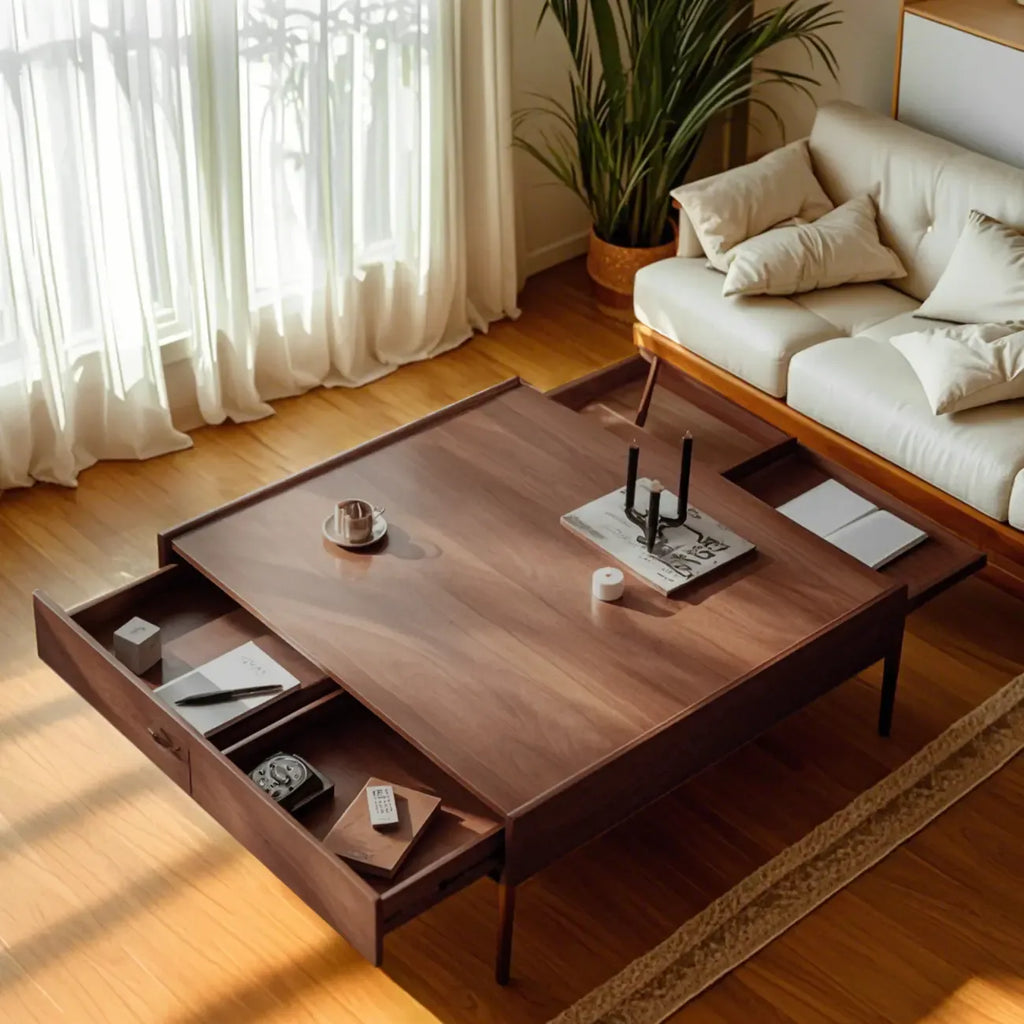 Rustic Wooden Square Coffee Table with Storage & Tray Top