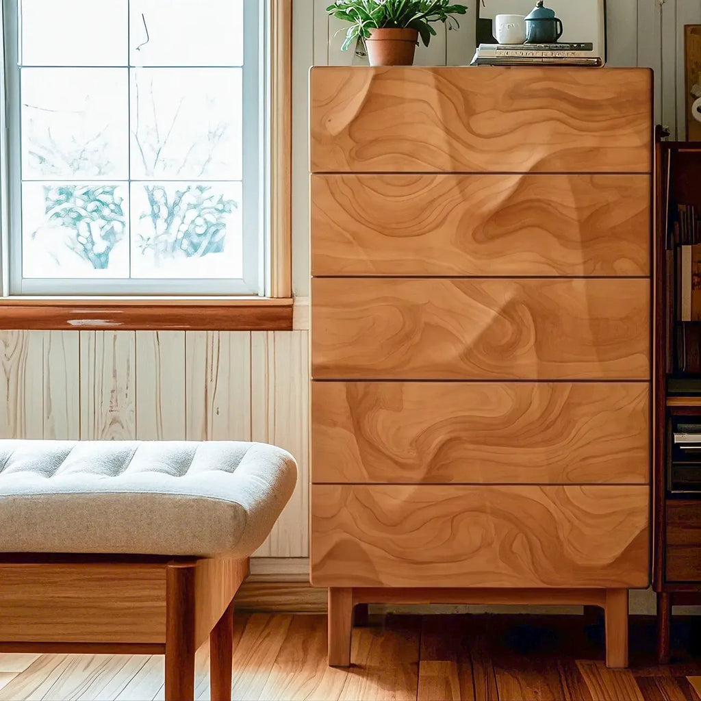 45H Vintage Square Textured Cherry Wood Chest with 5-Drawers