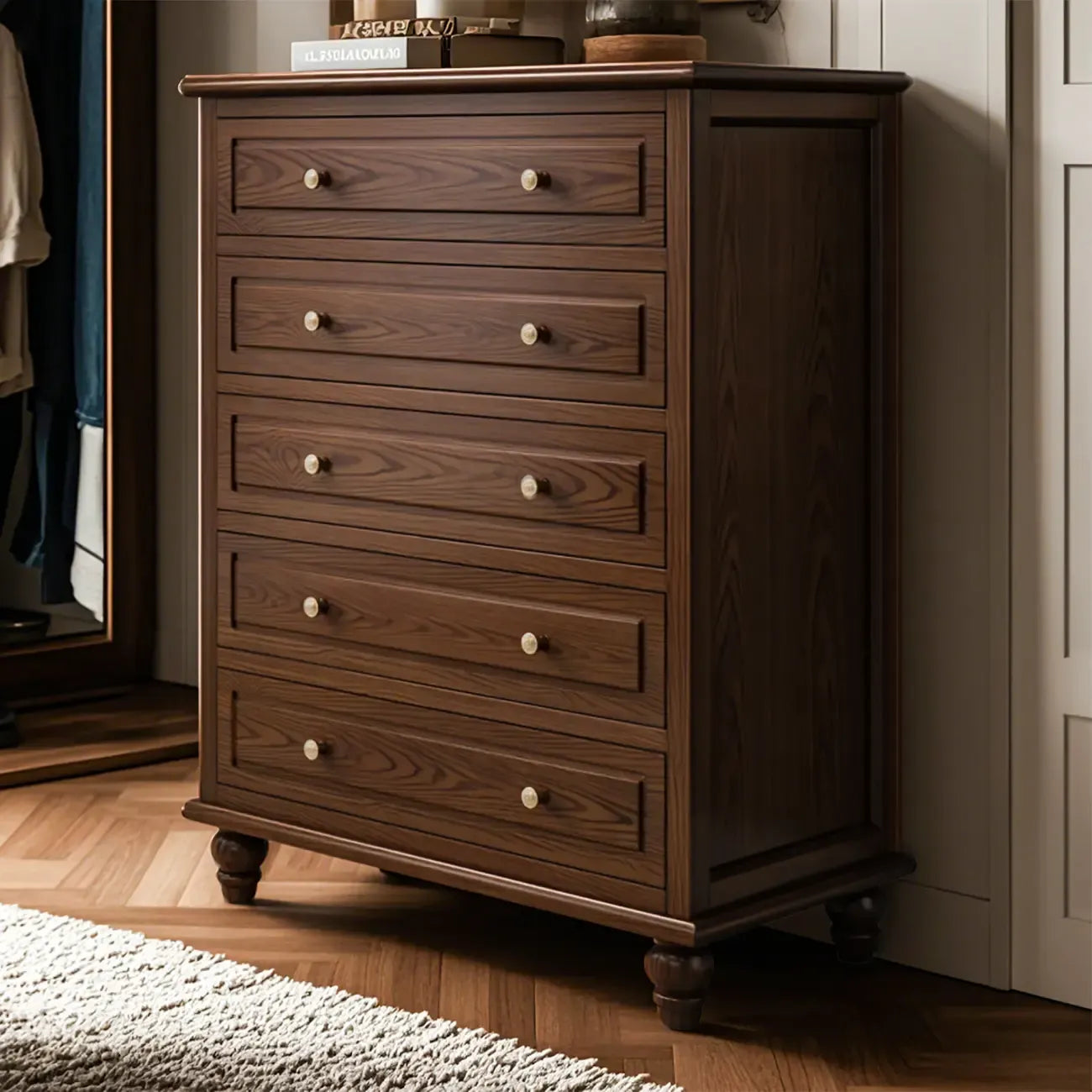 American Country Lacquered Finish Ash Wood 5-Drawer Chest