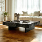 Modern Low Stone Square Coffee Table with Double Pedestal