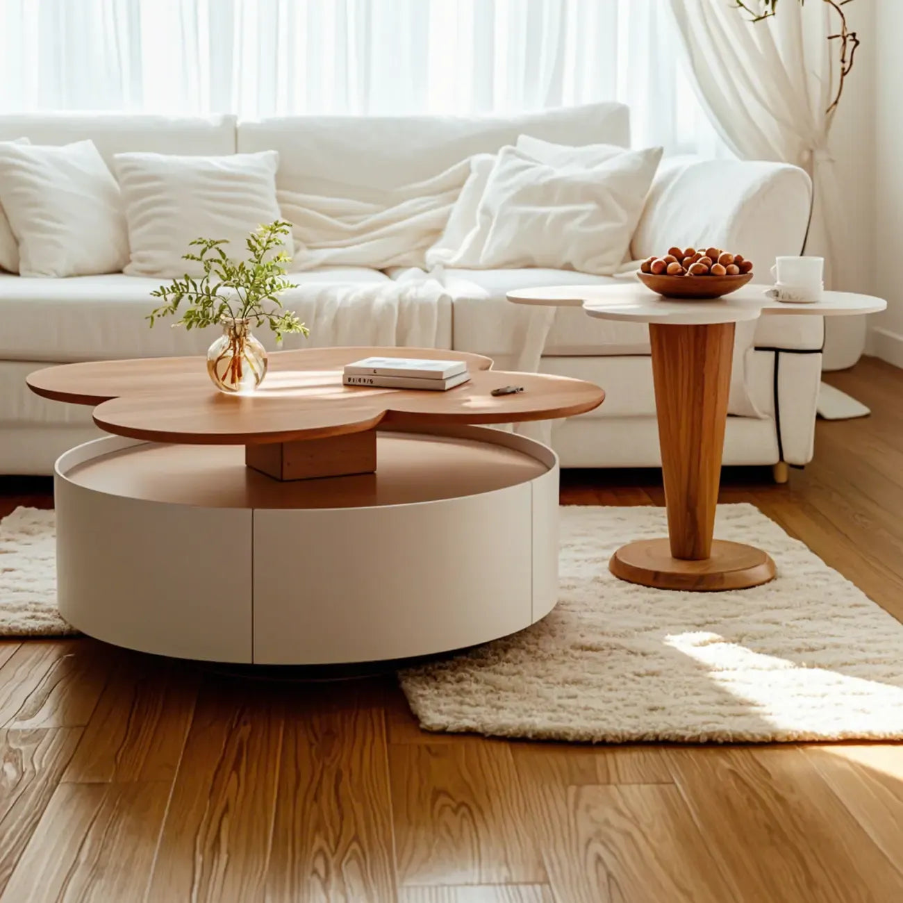 Modern Beiger Free Form Nesting Coffee Table with Drawer