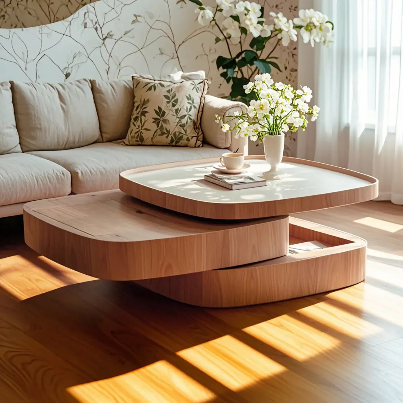 Scandinavian 3 Tiers Tray Top Coffee Table with Storage