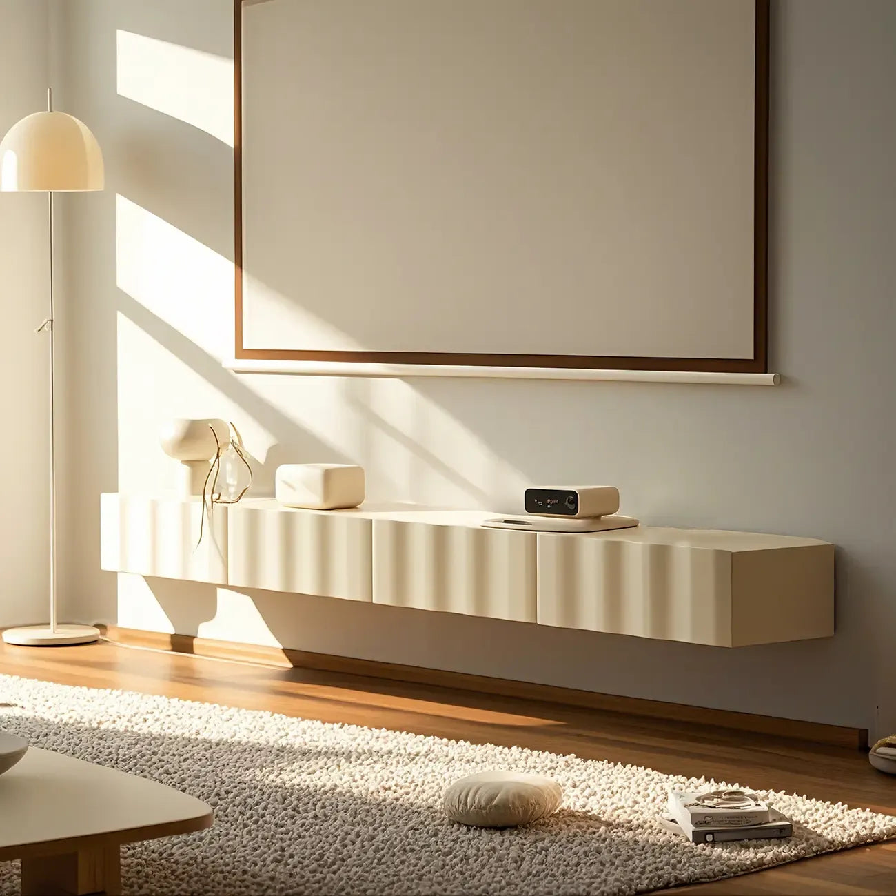 Contemporary White Wood Floating Wave TV Stand with Drawers