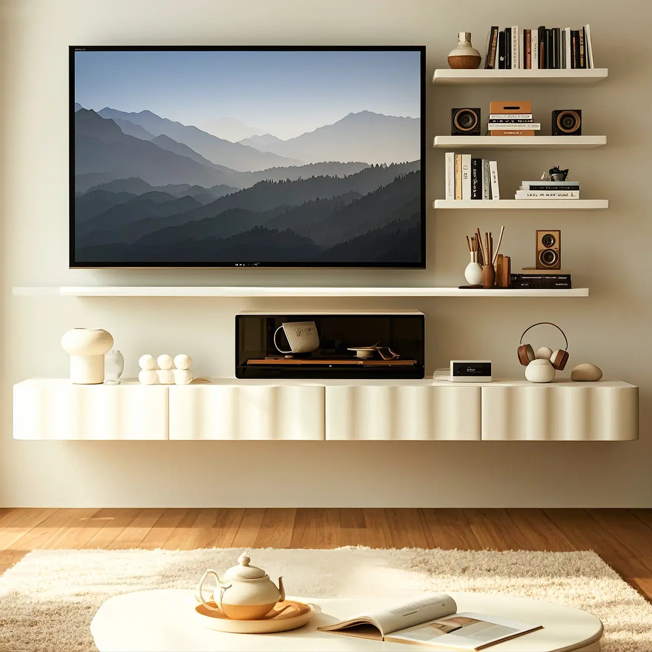 Contemporary White Wood Floating Wave TV Stand with Drawers