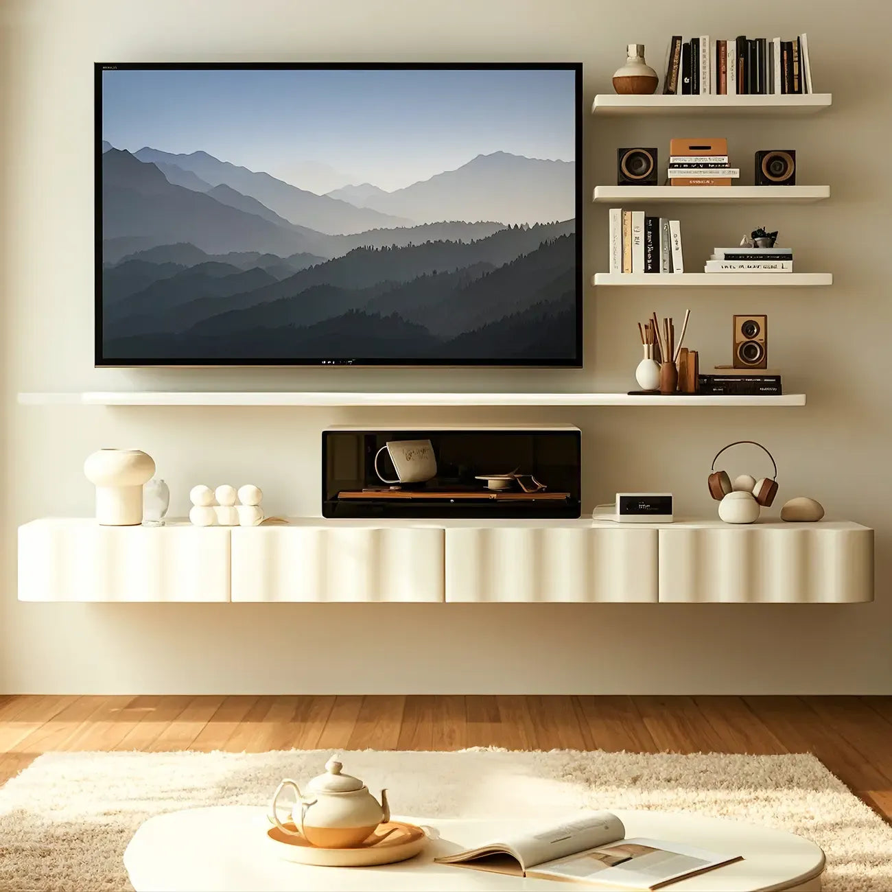 Contemporary White Wood Floating Wave TV Stand with Drawers