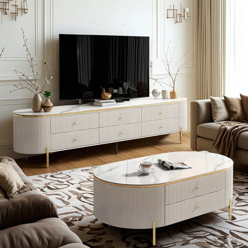 6-Drawer Contemporary White Stone TV Stand with Legs