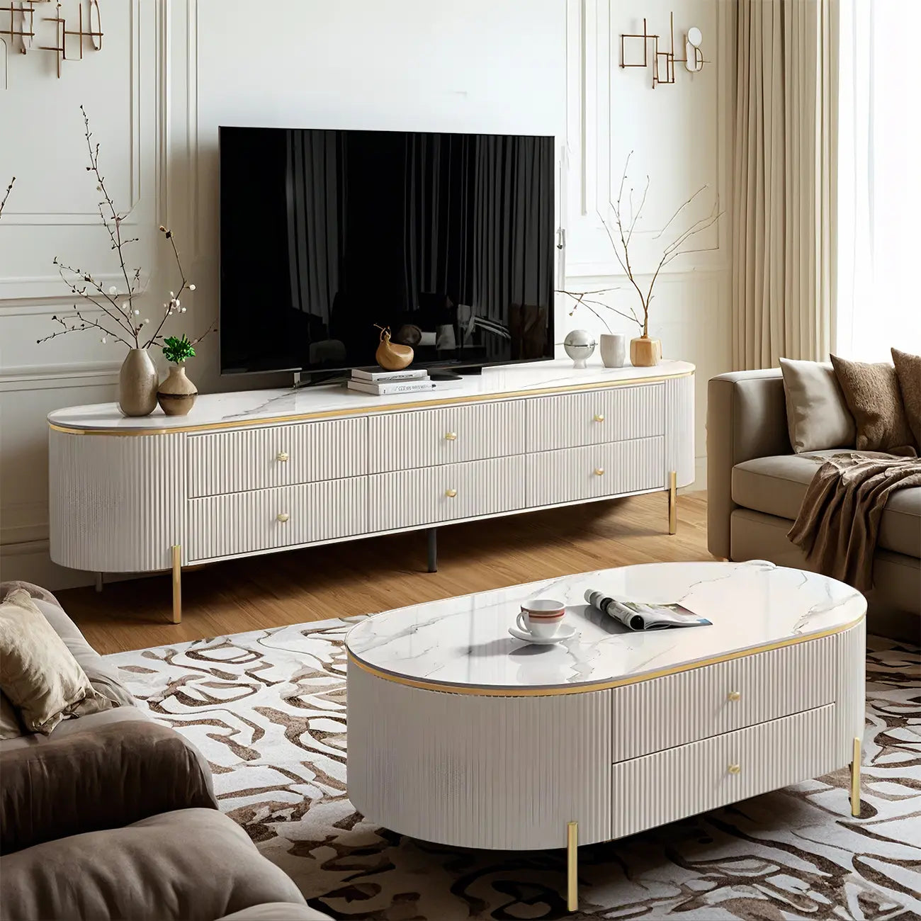 6-Drawer Contemporary White Stone TV Stand with Legs