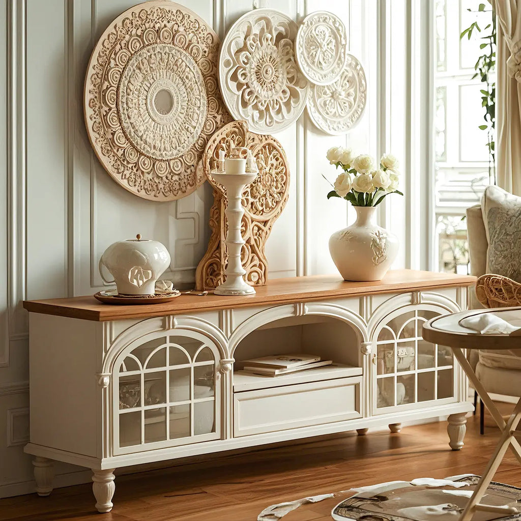 59 French Country Arched White Wood TV Stand with Storage