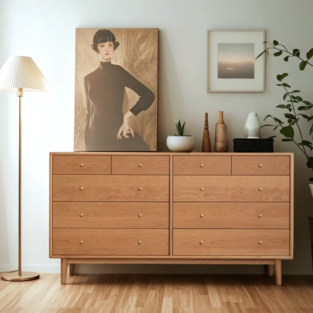 Elegant Cherry Wood Double Dresser with 5-Drawers for Bedroom